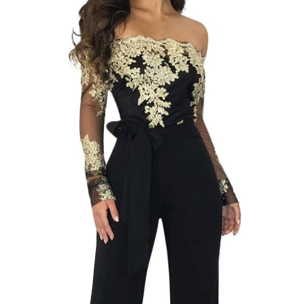 Women's Off Shoulder Jumpsuit Floral Embroidery Lace See Through Wide Leg Romper